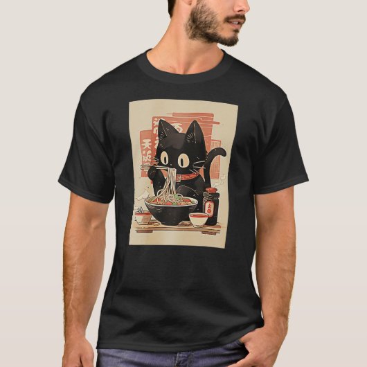 T-shirt Black Cat Eating Ramen Noodles Tee (Devant)