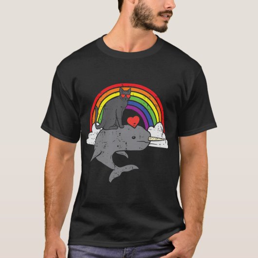 T-shirt Black Cat équitation Narwhale Rainbow Coeur Funny  (Devant)