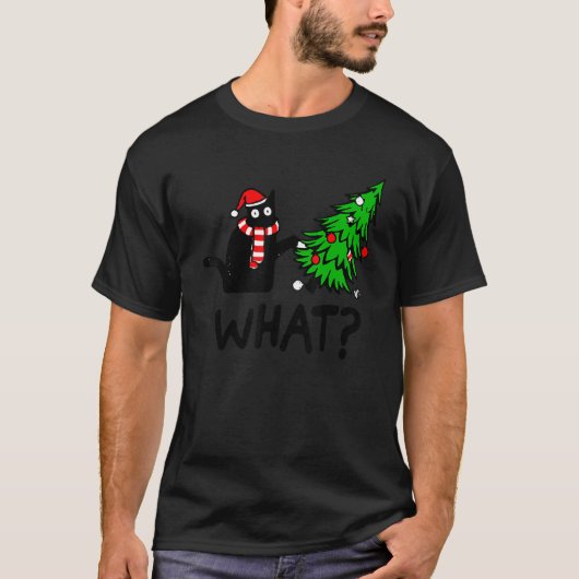 T-shirt Black Cat Gift Pushing Christmas Tree Over Cat Wha (Devant)