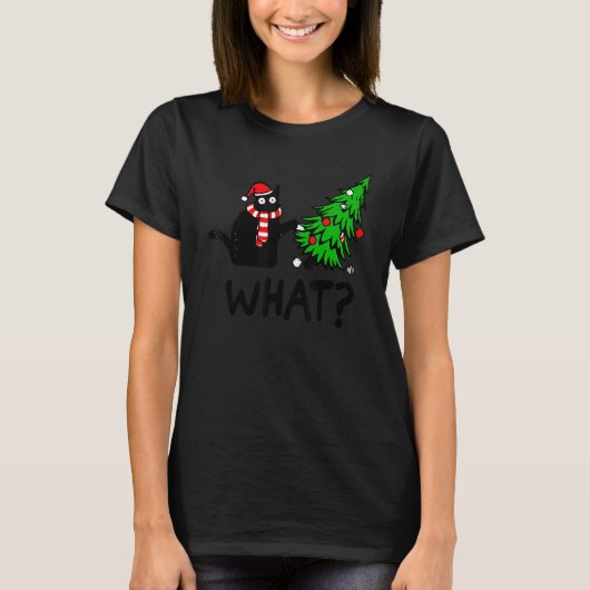 T-shirt Black Cat Gift Pushing Christmas Tree Over Cat Wha (Devant)