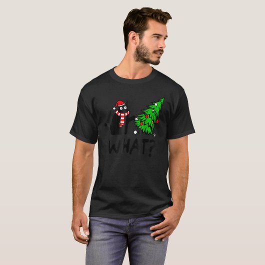 T-shirt Black Cat Gift Pushing Christmas Tree Over Cat Wha (Devant entier)
