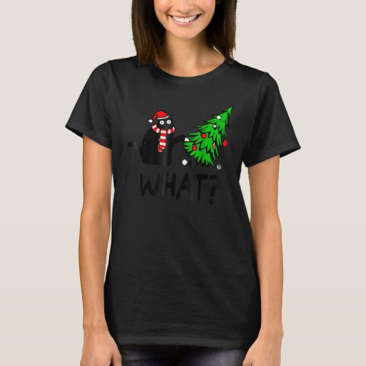T-shirt Black Cat Gift Pushing Christmas Tree Over Cat Wha (Devant)