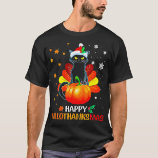 T-shirt Black Cat Halloween And Merry Christmas Happy
