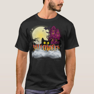 T-shirt Black Cat & Haunted House – Halloween Night Design