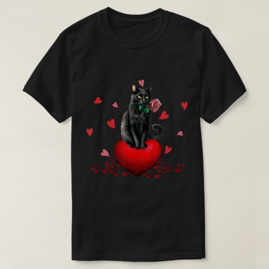 T-shirt Black Cat Heart Valentines Day Cute Kitten Kitty L (Design devant)