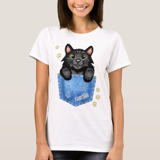 T-shirt Black Cat in Faux Denim Pocket with Custom Name (Devant)