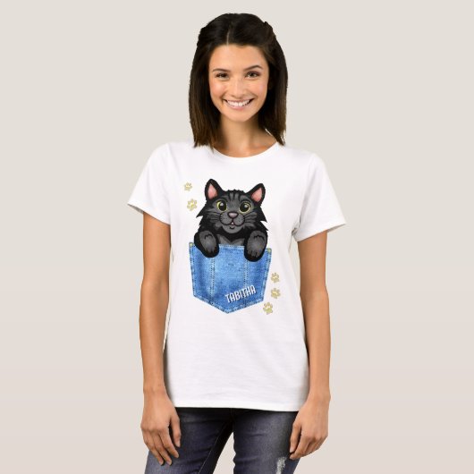 T-shirt Black Cat in Faux Denim Pocket with Custom Name (Devant entier)
