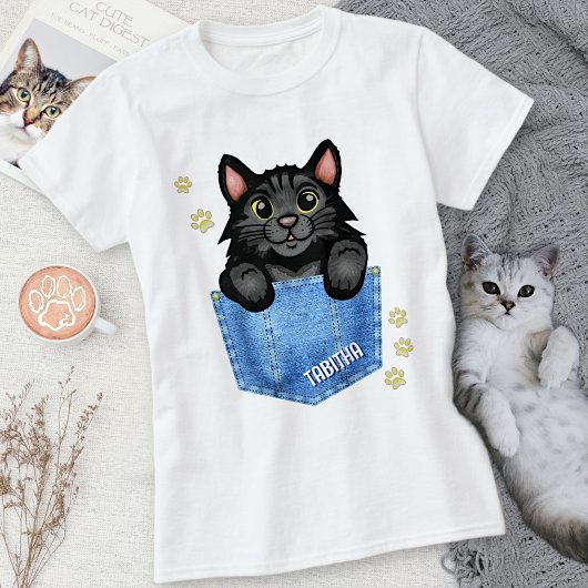 T-shirt Black Cat in Faux Denim Pocket with Custom Name
