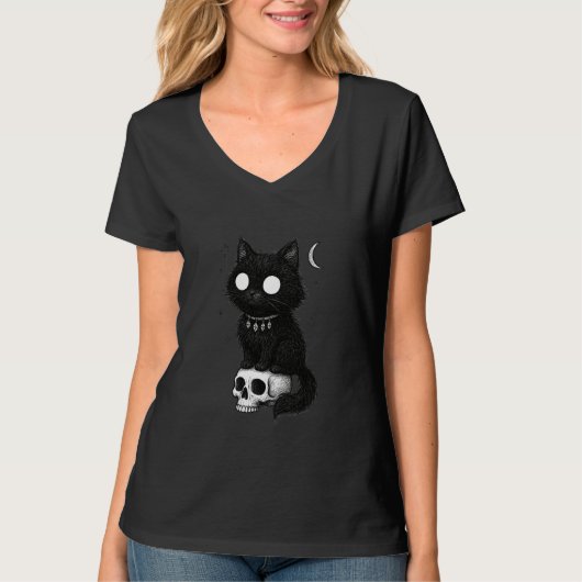 T-shirt Black Cat Kitty Skull Creepy Cute Kawaii Goth Witc (Devant)