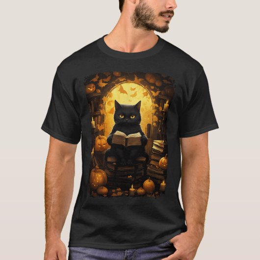 T-shirt Black Cat Lecture Livres Citrouille Automne Enseig (Devant)
