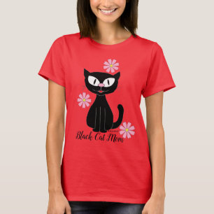 T-shirt Black Cat Maman avec Jolie Fleurs Roses Amoureux d