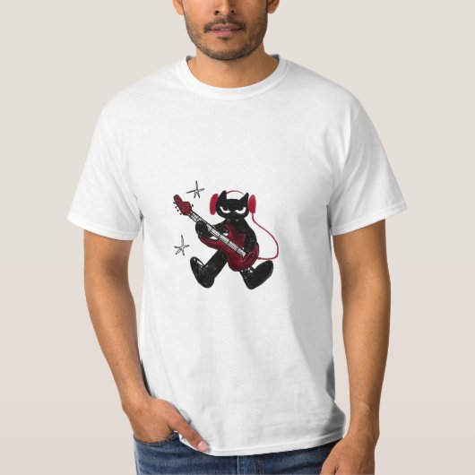 T-shirt Black Cat Playing Electric Guitar Rockstar Kitty  (Devant)