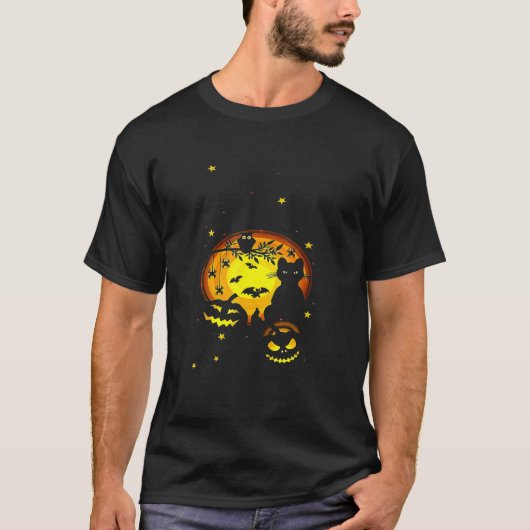 T-shirt Black Cat Pumpkin And Owl Halloween Full Moon Cute (Devant)