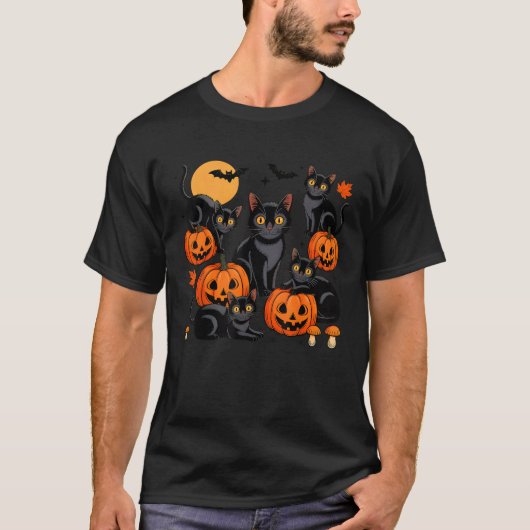 T-shirt Black Cat Pumpkin Fall Autumn Leaves Funny Hallowe (Devant)