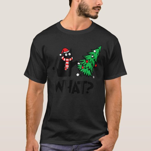 T-shirt Black Cat Pushing Christmas Tree Over Cat What 2 (Devant)