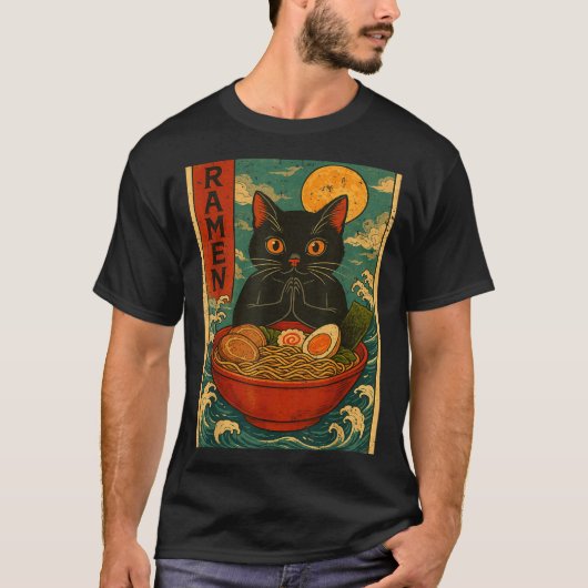 T-shirt Black Cat Ramen Japanese Graphic Tees For Men Wome (Devant)