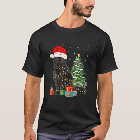 T-shirt Black Cat Santa Angled Up In Christmas Lights Xmas (Devant)