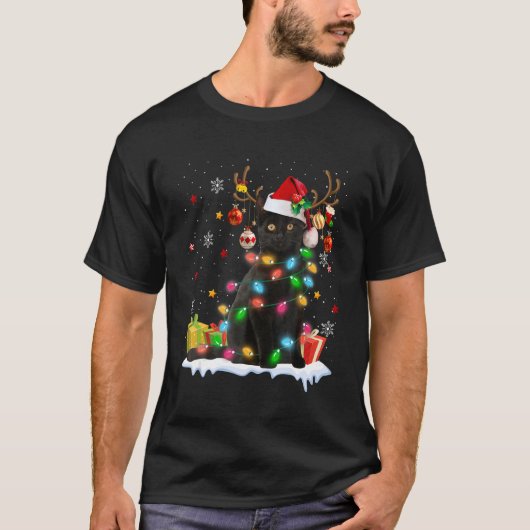 T-shirt Black Cat Santa Hat Reindeer Christmas Lights Cat  (Devant)