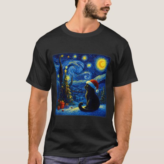 T-shirt Black Cat Santa Hat Van Gogh Starry Night Christma (Devant)