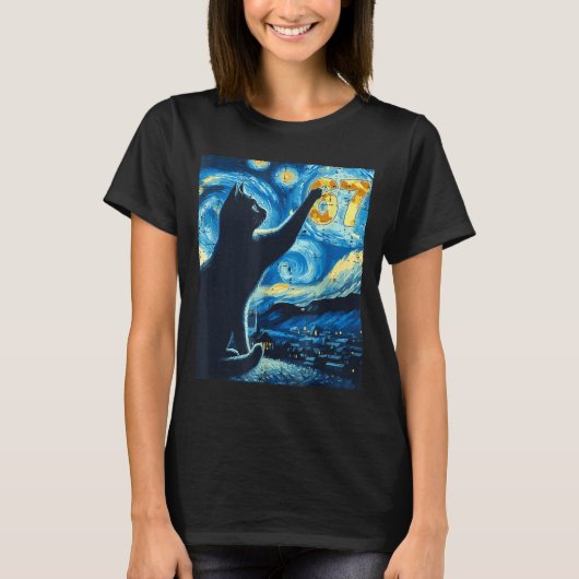 T-shirt Black Cat Starry Night Van Gogh Cat 67 Six Seven M (Devant)