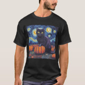 T-shirt Black Cat Starry Night Van Gogh Style Art Citrouil (Devant)