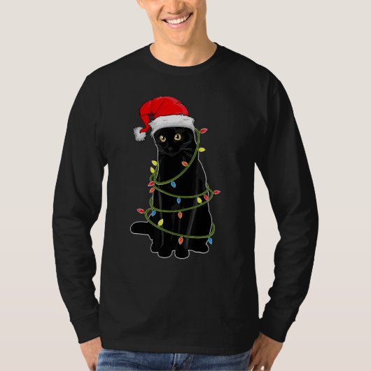 T-shirt Black Cat Tangled Up In Christmas Lights Santa Hat (Devant)