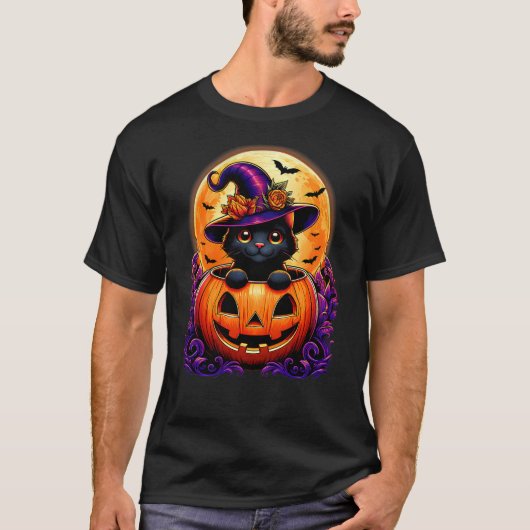 T-shirt Black Cat Witch Hat Pumpkin Funny Halloween Men Wo (Devant)