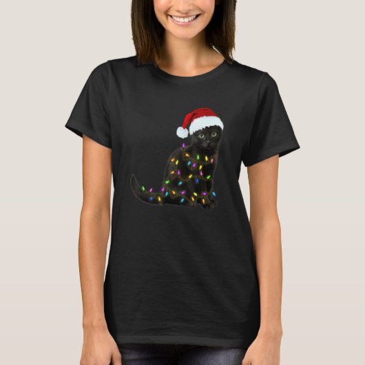 T-shirt Black Cat With Christmas Light  Cat  Christmas 1 (Devant)