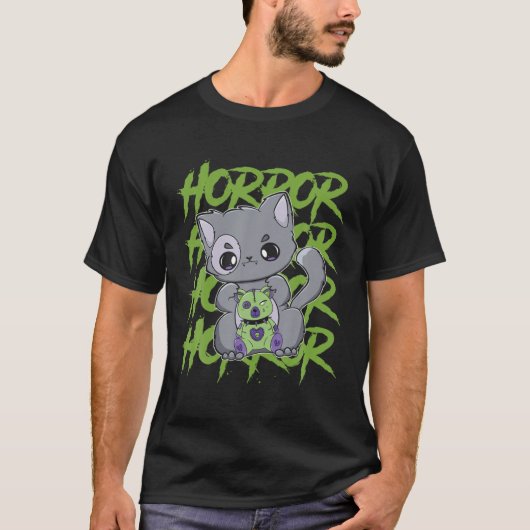 T-shirt Black Cat With Eddy Bear For Horror Fans (Devant)