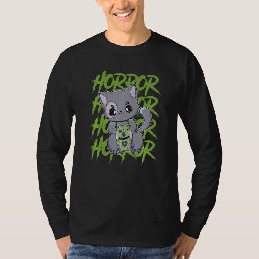 T-shirt Black Cat With Teddy Bear For Horror Fans   (Devant)