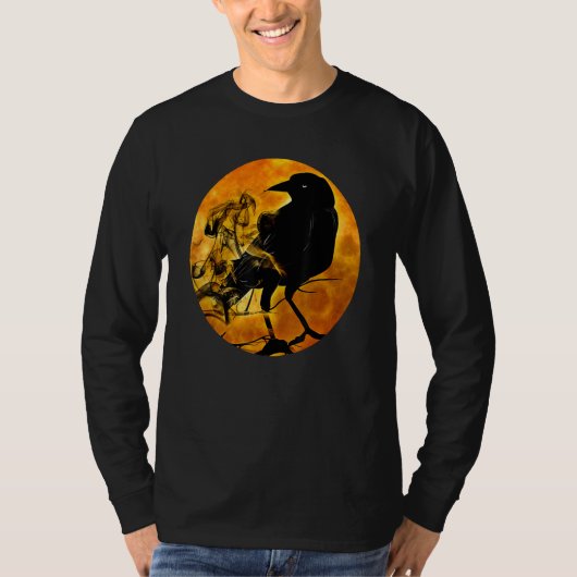 T-shirt Black Crow Raven Bird & Specter Against Orange Ful (Devant)