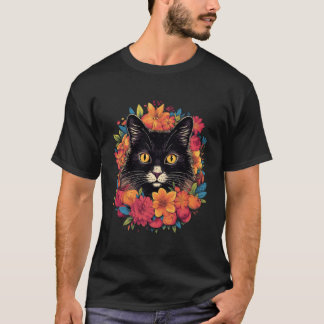 T-shirt Black Kitten Encircled By Flowers Owner Garden