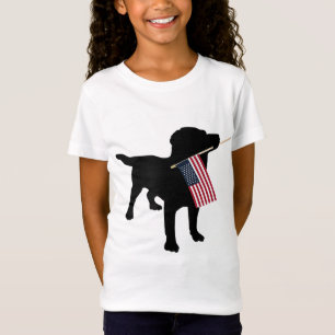 T-Shirt Black Lab Dog Holding Juillet 4 Patriotic USA Drap