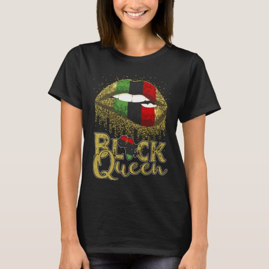 T-shirt Black Queen Lips  Red Green African American Flag (Devant)