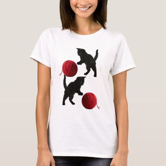 T-shirt Black Silhouette Kitty, with red wool Ball (Devant)