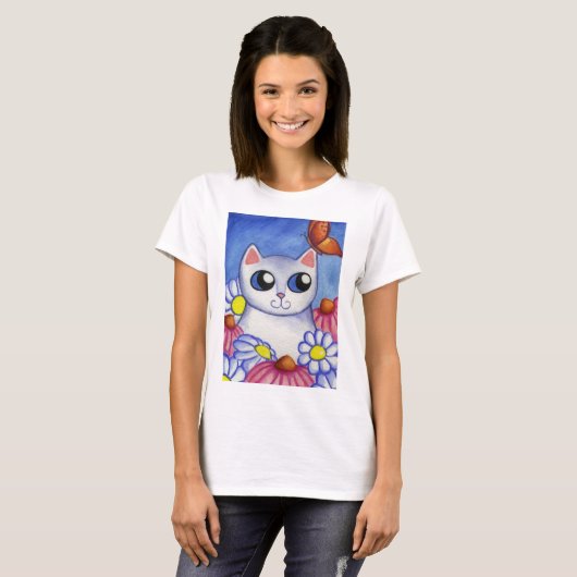 T-shirt blanc Daisy Chat (Devant entier)