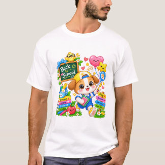 T-Shirt Blanc Kawaii Puppy Retour à l'École