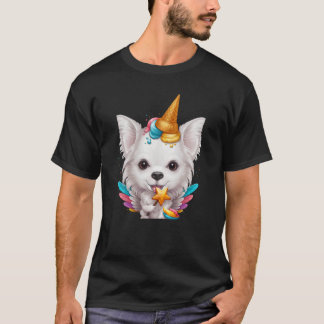 T-shirt Blanc long manteau Chihuahua Crème glacée Unicorn