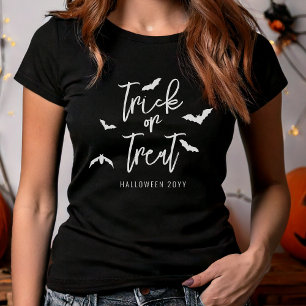 T-shirt Blancs ou Treat Text and Bats Halloween Année