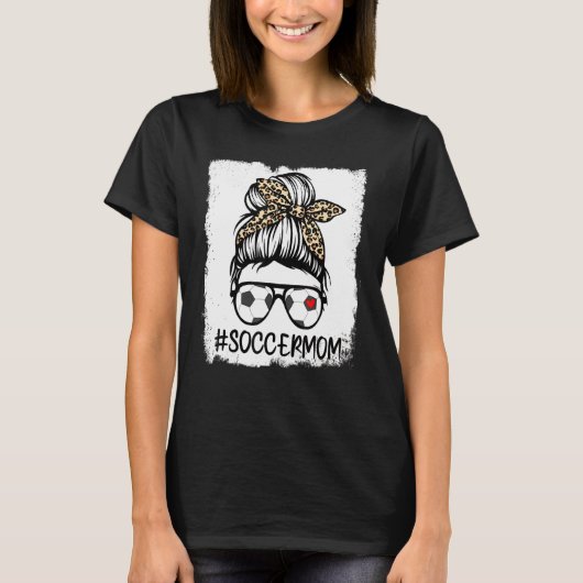 T-shirt Bleached Soccer Maman Vie Leopard Bow Messy Bun Ga (Devant)