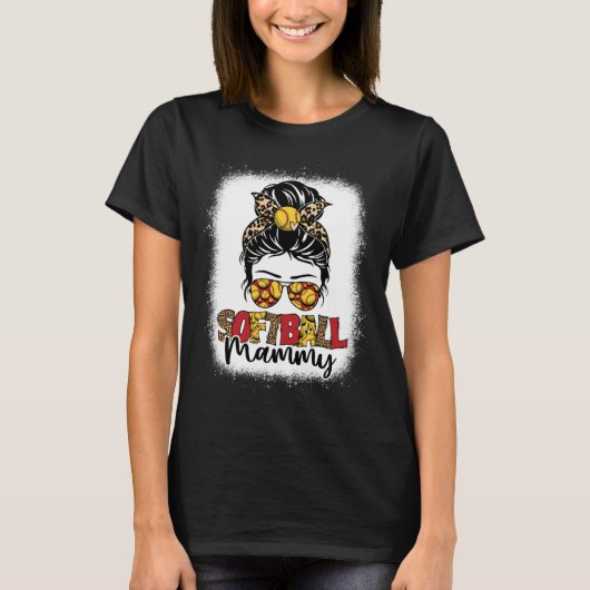 T-shirt Bleached Softball Mammy Leopard Messy Bun Mothers (Devant)
