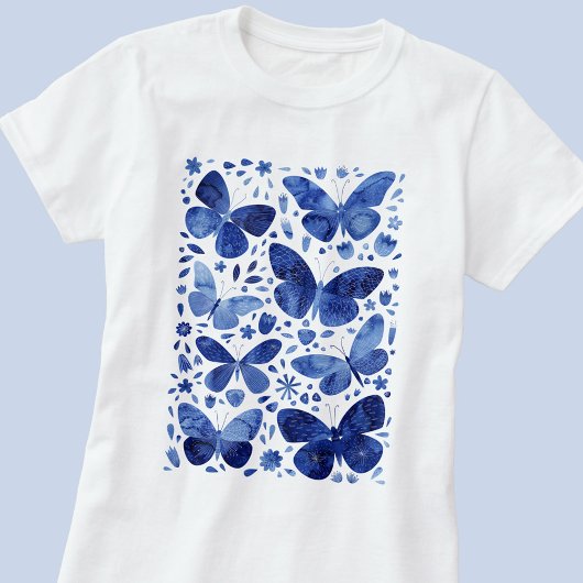 T-shirt bleu Aquarelle papillon