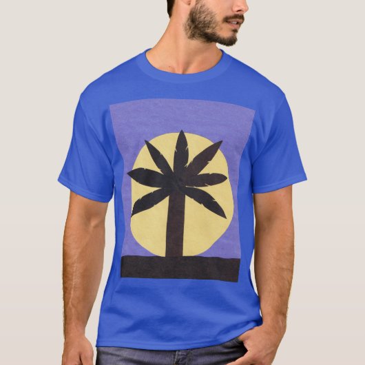T-shirt bleu avec palmier et Pleine lune (Devant)
