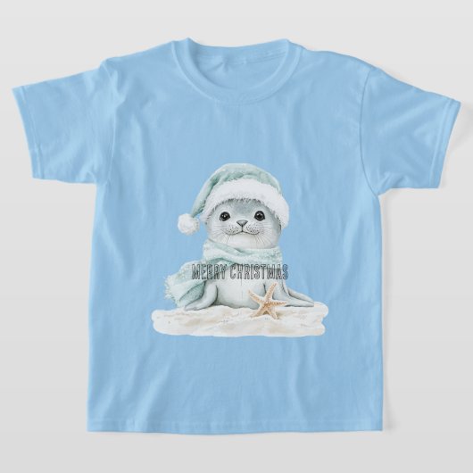 T-shirt Bleu Blanc Père Noël Écharpe Sceau Noël (Poser)