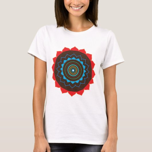 T-shirt bleu, Brown, orange, rouge Mandala (Devant)
