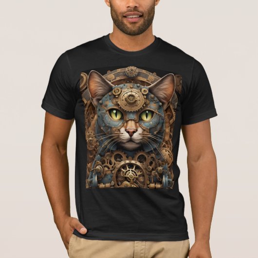 T-Shirt bleu chat steampunk art IA (Devant)