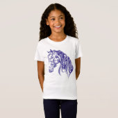 T-shirt bleu de filles de conception de cheval (Devant entier)