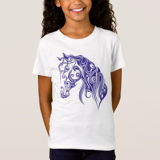 T-shirt bleu de filles de conception de cheval (Devant)