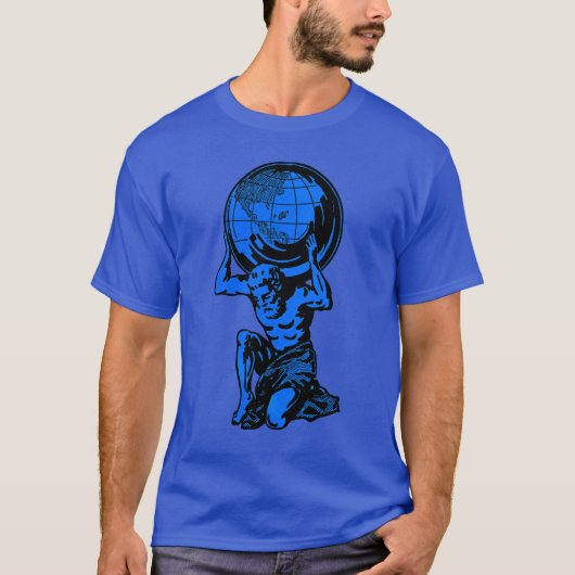 T-shirt bleu d'haltérophilie de mythologie d'atlas (Devant)