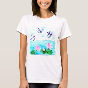 T-shirt Bleu Dragonfly, Rose Waterlilly Flowers